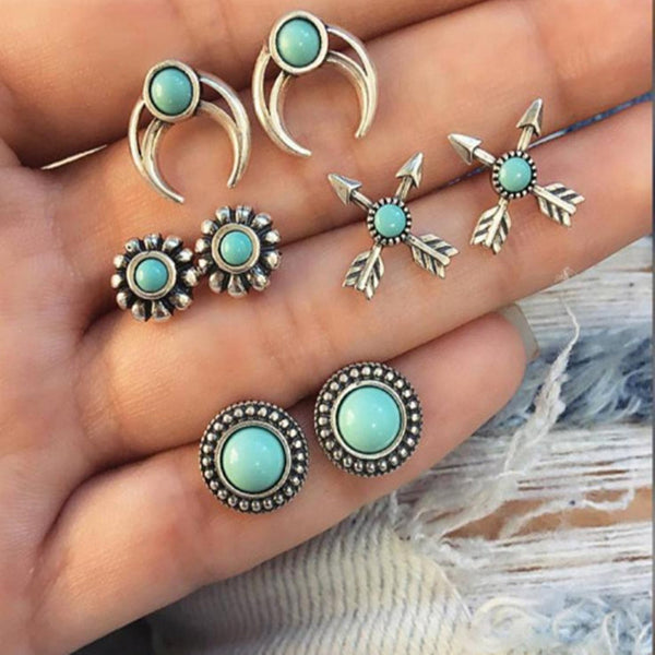 Ethnic Double Arrow Turquoise Earring Set Vintage Silver Hollow Moon Turquoise Stud Earrings
