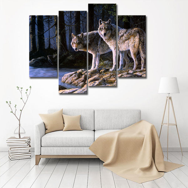 Miico Hand Painted Four Combination Decorative Paintings Two W-olves Wall Art For Home Decoration
