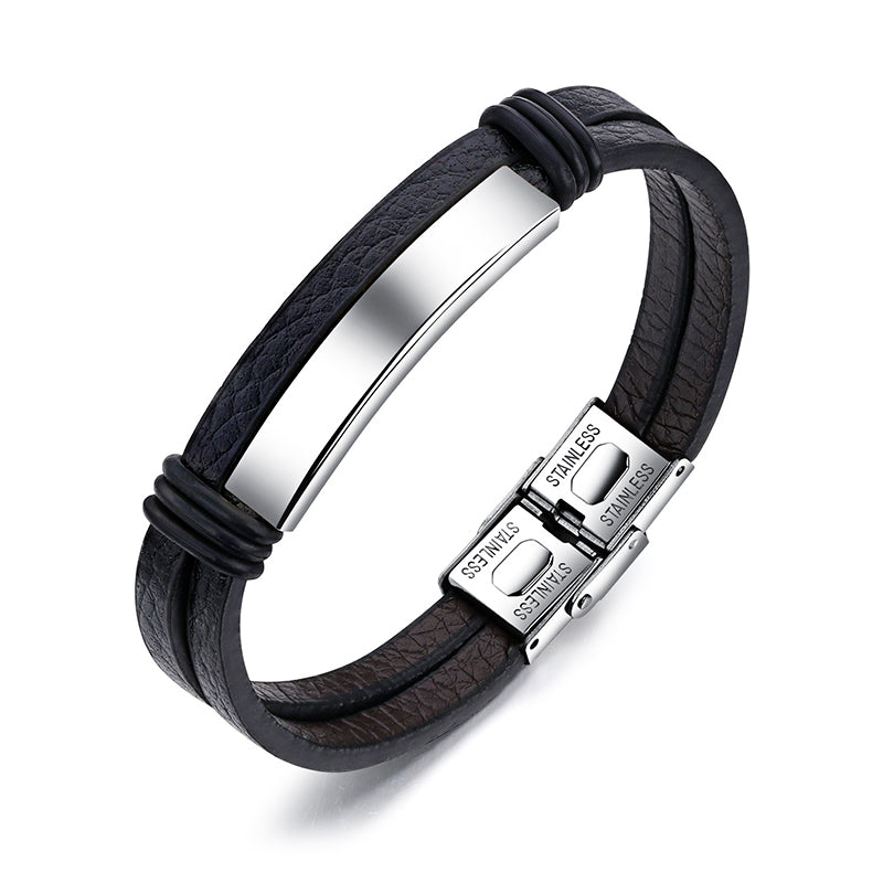 Double Black Stainless Steel Men's Leather Bracelet