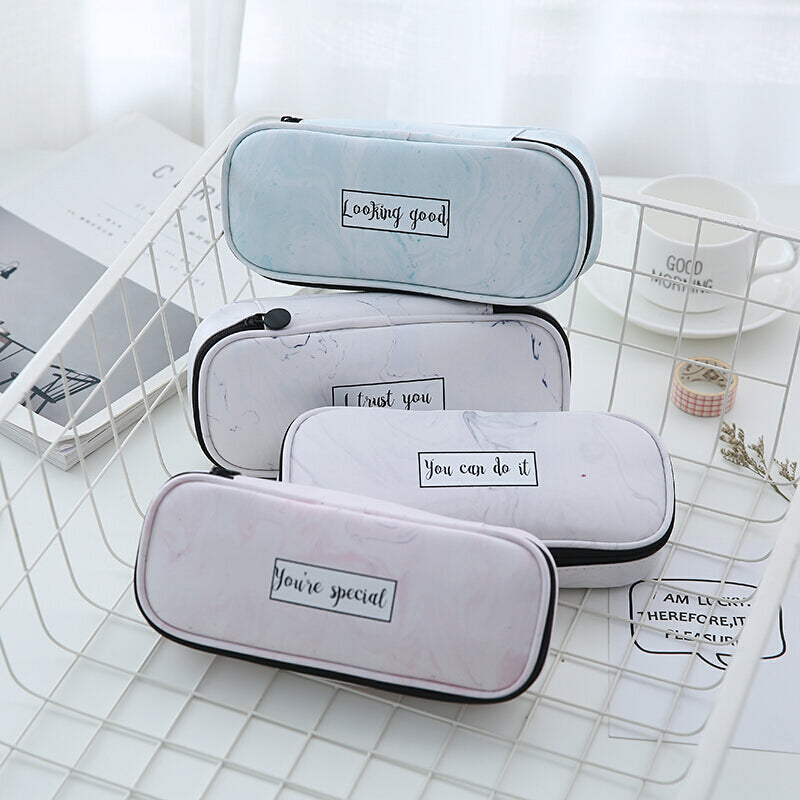 QSND 1 Piece Cute Marble Pattern Pencil Bag Box PU Leather Pencil Case Waterproof Stationery Pouch Office School Supplies