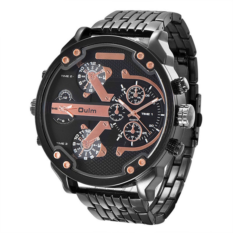 OULM 3548 Unique Design Full Steel Men Wrist Watch Three Time Zones Quartz Watches
