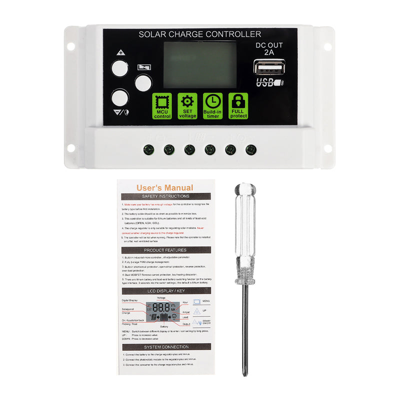 20A 12V/24V LCD Display PWM Solar Panel Charging Controller Li-ion &  Lead Acid Battery Compatible USB DC Backlight Display