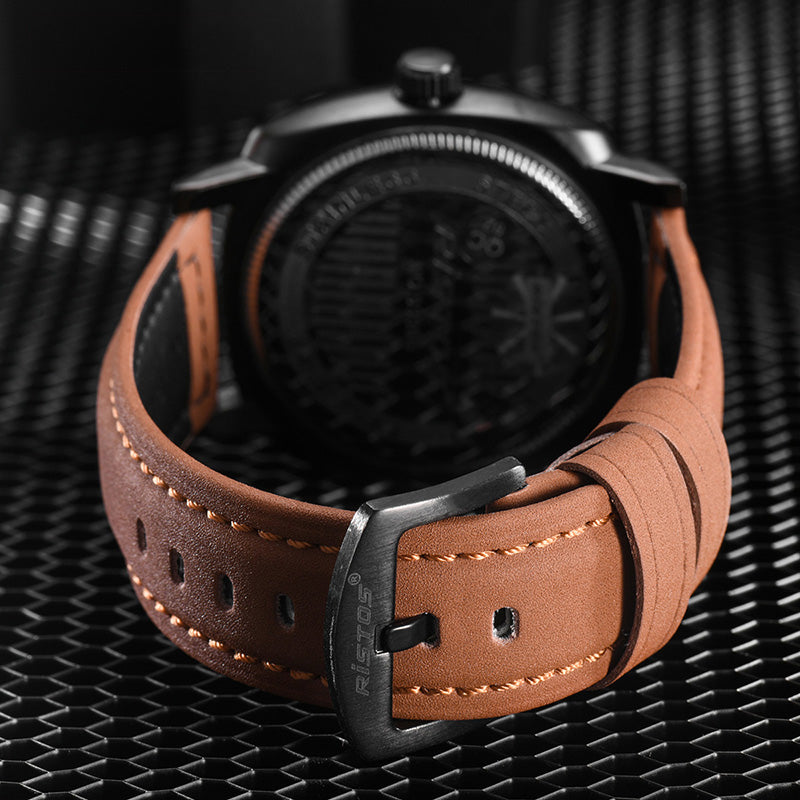 Ristos 9336 Business Style Male Wristwatch Calendar Leather Band Quartz Watch
