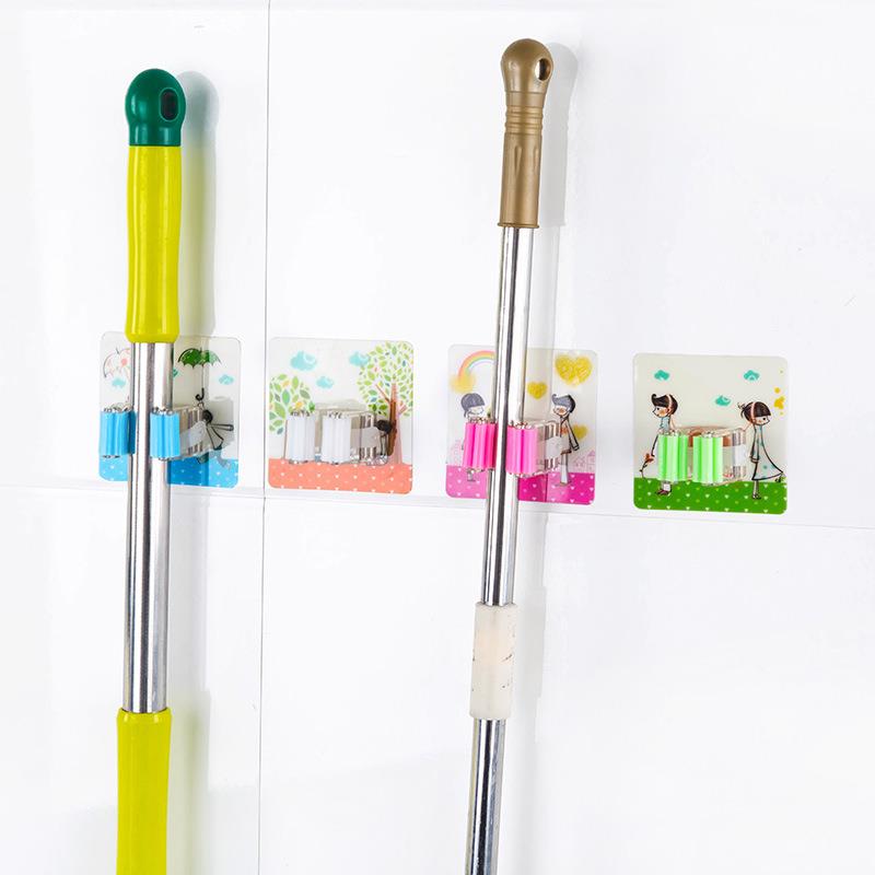 Fixed Clips Toilet Storage Organizer Mop Holder Cleaning Tool Mop Clip Self Adhesive Cartoon Wall Mounted Broom Hanger