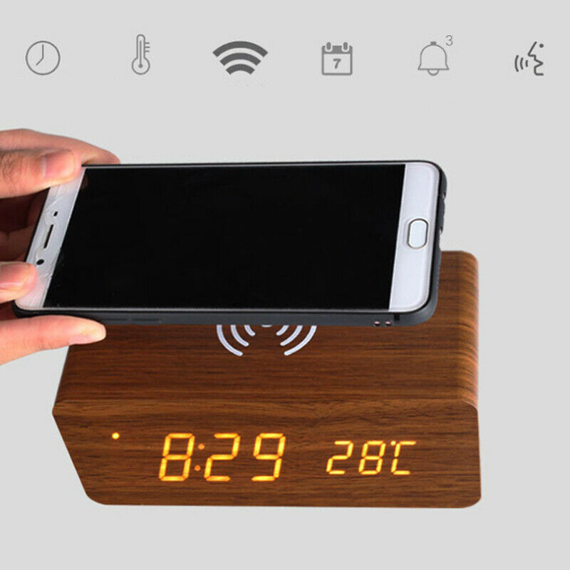 Modern Qi Wireless Charger Wooden Wood Digital LED Alarm Clock Thermometer