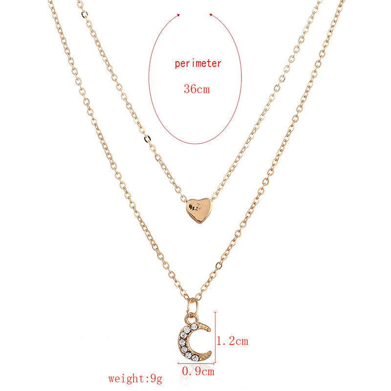Trendy Multi-layer Necklace Gold Moon Peach Heart Pendant Chain Charm Necklace Retro Jewelry