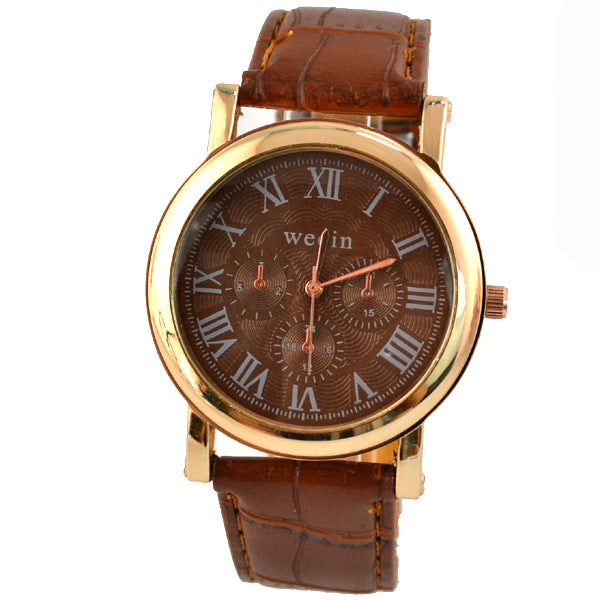 Wecin 9003 PU Leather Roman Number Band Analog Quartz Couples Watch