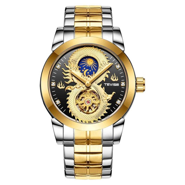 TEVISE T843B Dragon Design Automatic Mechanical Watches Stainless Steel Band Men Watch