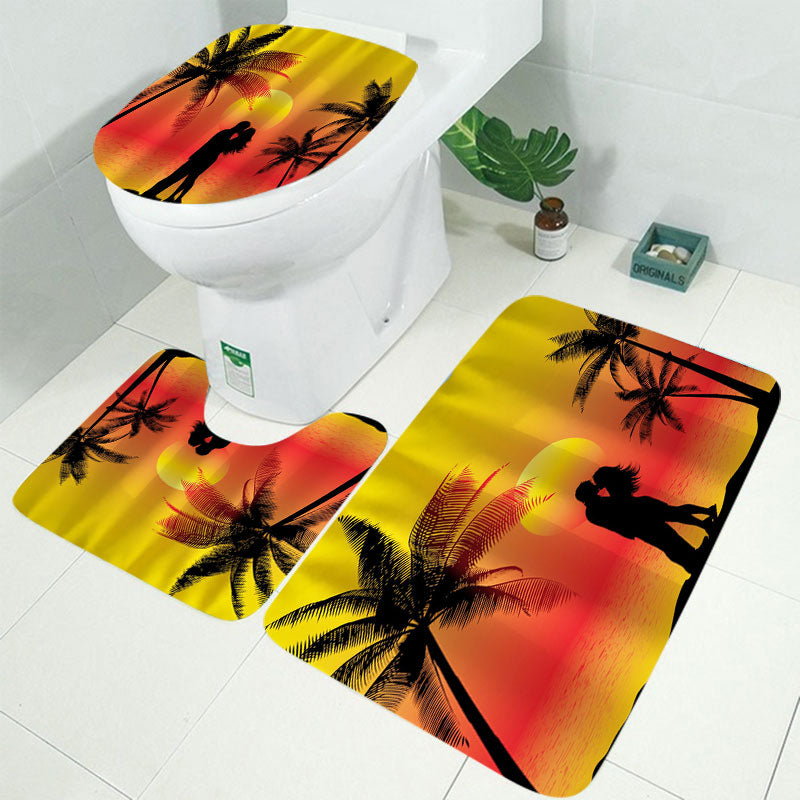 Honana 4PCS Bathroom Waterproof Shower Curtain Summer Seaside Pattern Bathroom Toilet Seat Cover Pedestal Rug Bath Mat