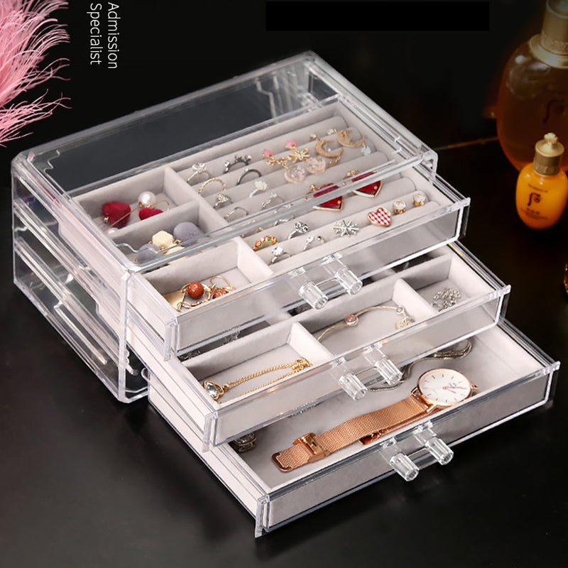 Acrylic 3 Layers Velvet Jewelry Box Display Holder Desktop Pendant Ring Earring Organizer Space Saving Jewelry Makeup Storage Case