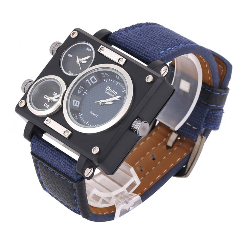 OULM 3595 Men Watch Fashion Three Time Zones Alloy Case Textile Watch Band Quartz Watch