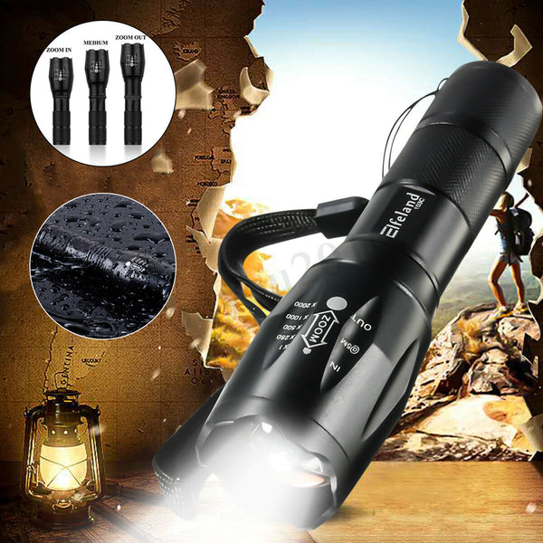 Tactical 90000LM T6 LED Flashlight Zoomable 5 Modes 18650 Focus Torch+AAA