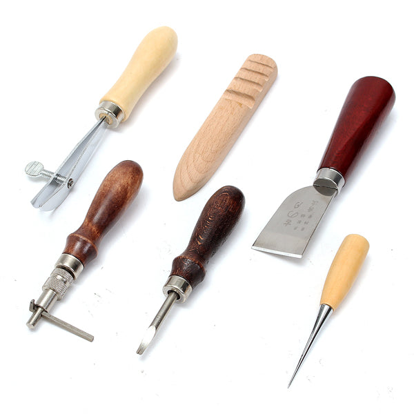 6pcs Wood Handle Leather Craft Tool Kit Leather Hand Sewing Tool Punch Cutter DIY Set