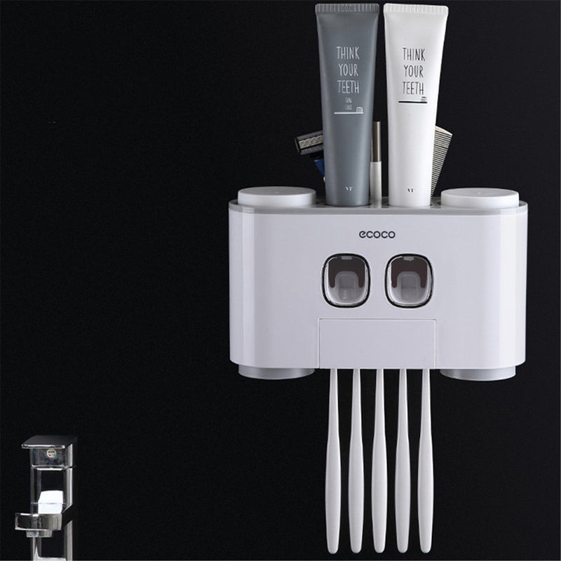 Automatic Toothpaste Squeezer Dispenser 5 Toothbrush Holder Wall Mount Stand Set Bathroom