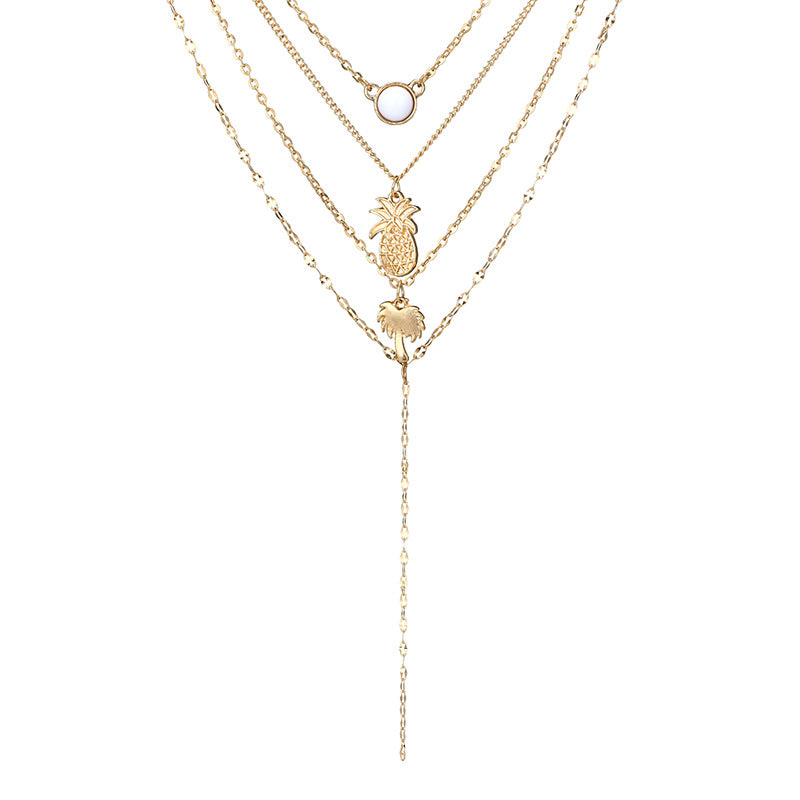 Boehmian Multilayer Gold Necklace Pineapple Coconut Tree Tassels Pendant Necklace for Women