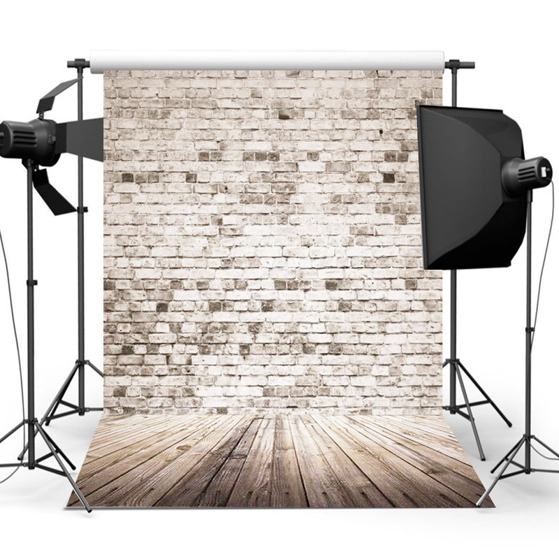 5x7FT Retro White Grey Brick Wall Wood Photography Background Valentine Backdrop Decorations