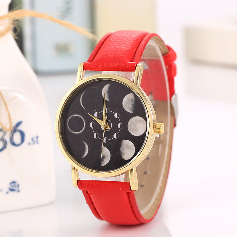 Solar Moon Phase Lunar Eclipse Unisex Watch Leather Strap Quartz Watch for Women Men