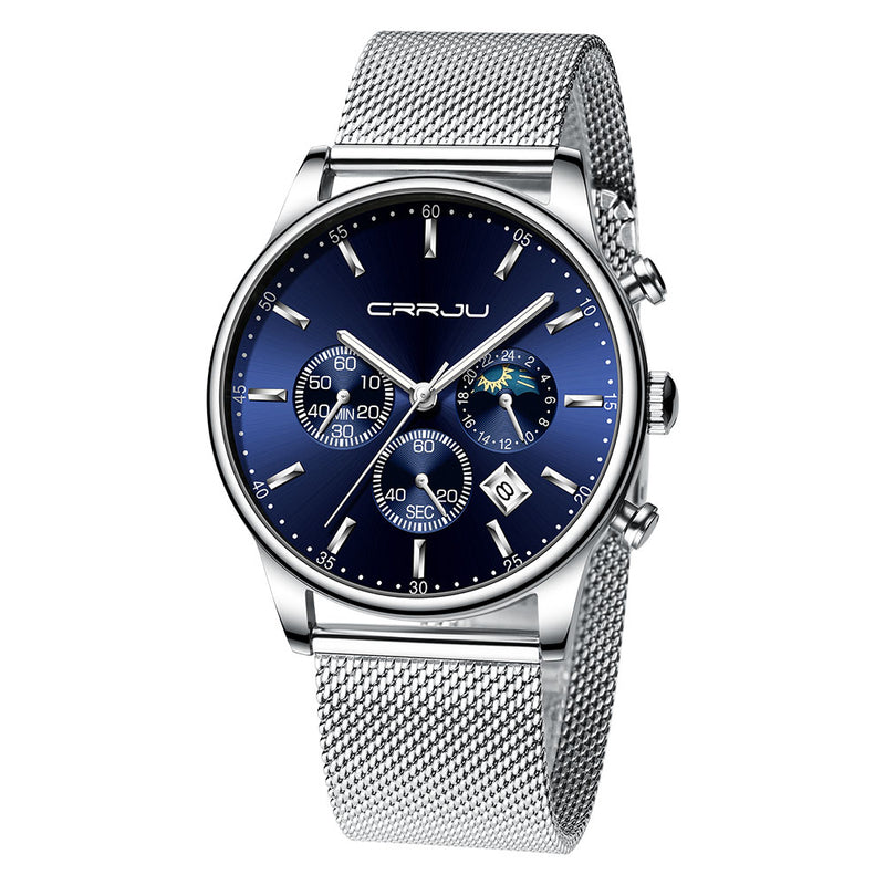 CRRJU 2266 Fashion Full Steel Mesh Calendar Chronograph 24hours Men Quartz Watch