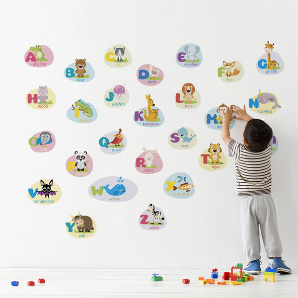 26PCS Classic Animals Alphabet Baby Nursery Peel and Stick Wall Art Sticker Decals Alphabets Animals Wall Removable Wall Sticker