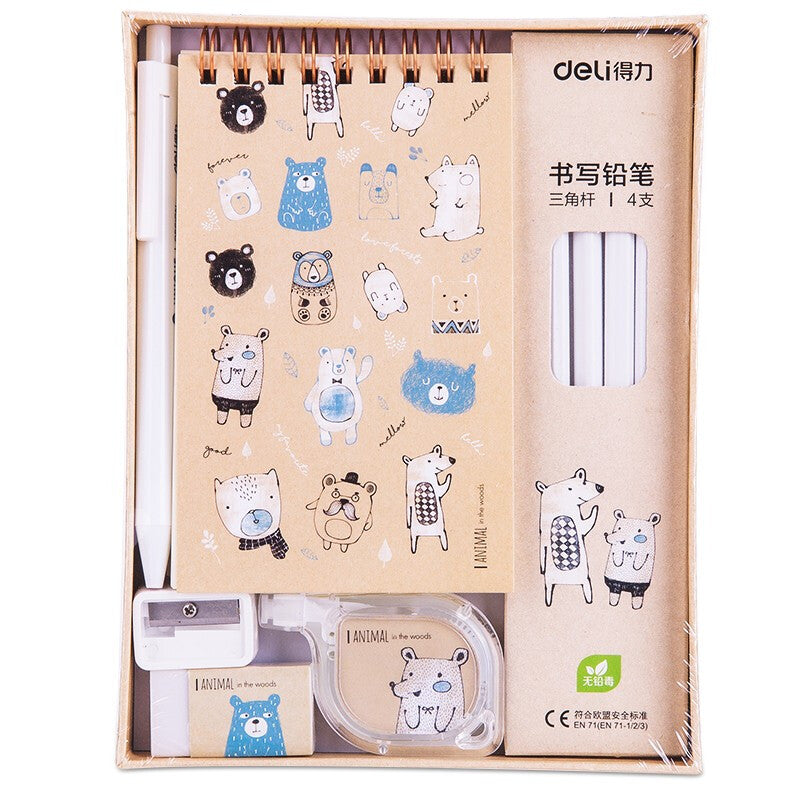 Deli 68886A/68886B Student Stationery Gift Box Set Coil Notebook Pencils Gel Pen Correction Tape Eraser School Stationery Supplies