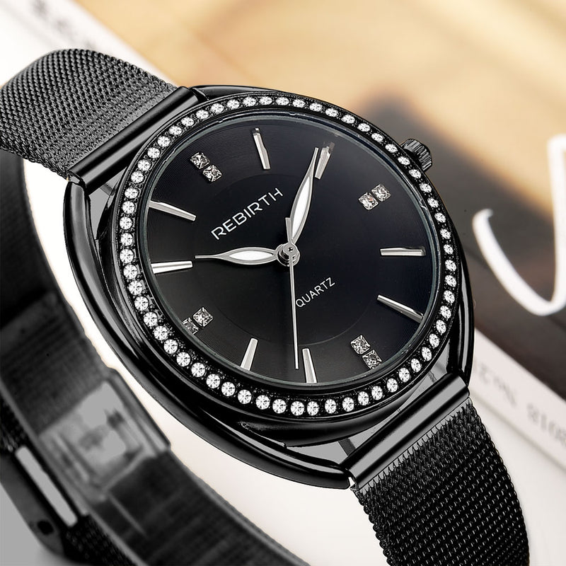 REBIRTH RE115 Diamond Dial Case Women Wrist Watch Full Steel Elegant Design Quartz Watch