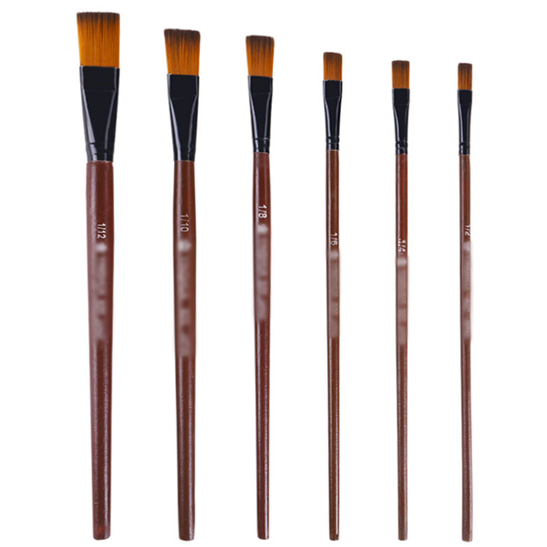 6PCS Nylon Hair Solid Wood Pen Flat Wood Painting Brush Set 1/12 1/10 1/8 1/6 1/2 for Gouache Acrylic Pigment