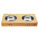 Non Slip Double Bowls Pet Dog Cat Puppy Food Water Bowl Feeder Feeding Dish Wood