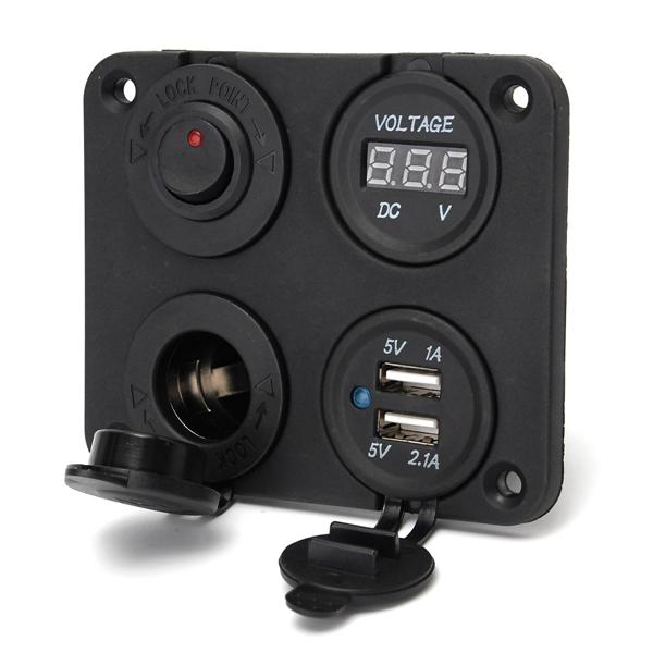 Dual USB Adapter Charger & Sockets & Digital Voltmeterr & Switch Panel