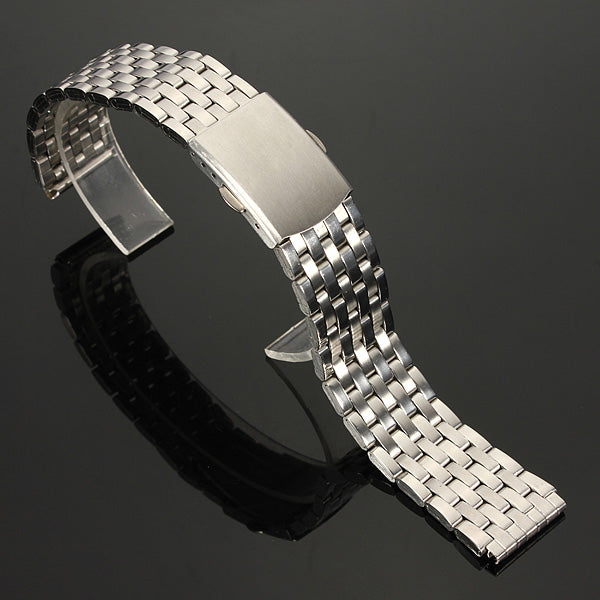 18/20/22mm Silver Stainless Steel 7 Bead Fold Buckle Watch Band