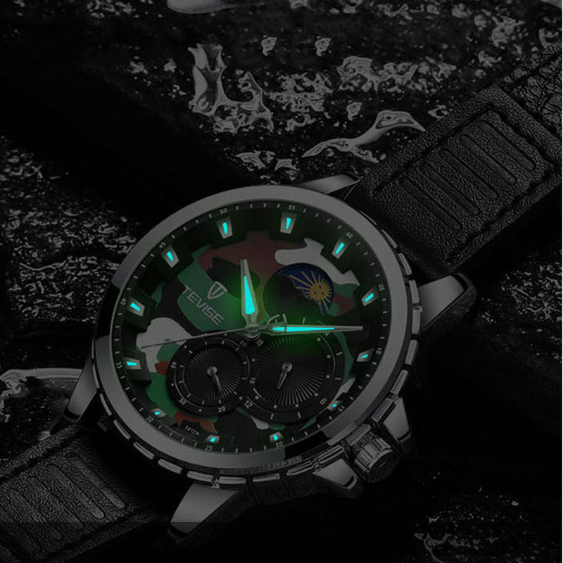 TEVISE T815 Military Style Calendar Automatic Mechanical Watch Leather Strap Men Watch