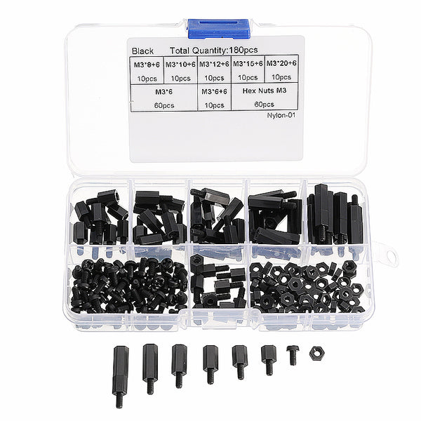 Suleve M3NH11 M3 Nylon Screw Black White Hex Screw Nut PCB Standoff Assortment Kit 180Pcs