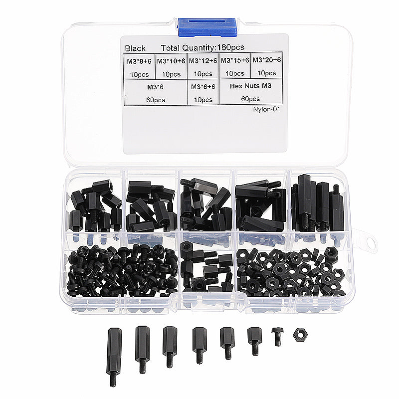 Suleve M3NH11 M3 Nylon Screw Black White Hex Screw Nut PCB Standoff Assortment Kit 180Pcs