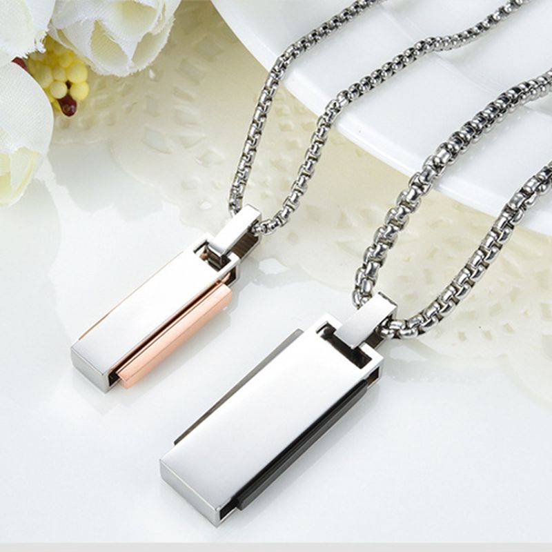 Fashion Titanium Steel Rectangular Box Men Women Love Couple Necklace Gift