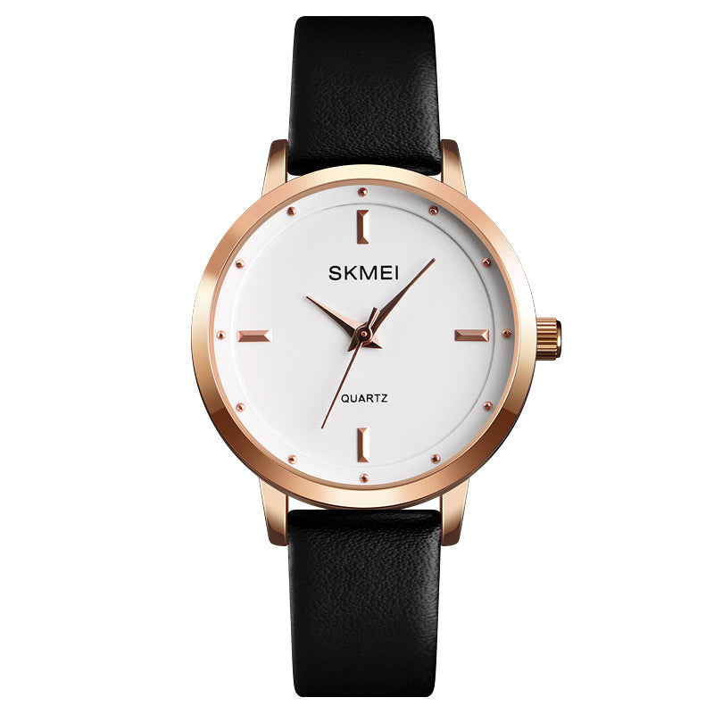 SKMEI 1457 Women Fashion Simple Dial Rose Gold Case Leather Strap Quartz Watch