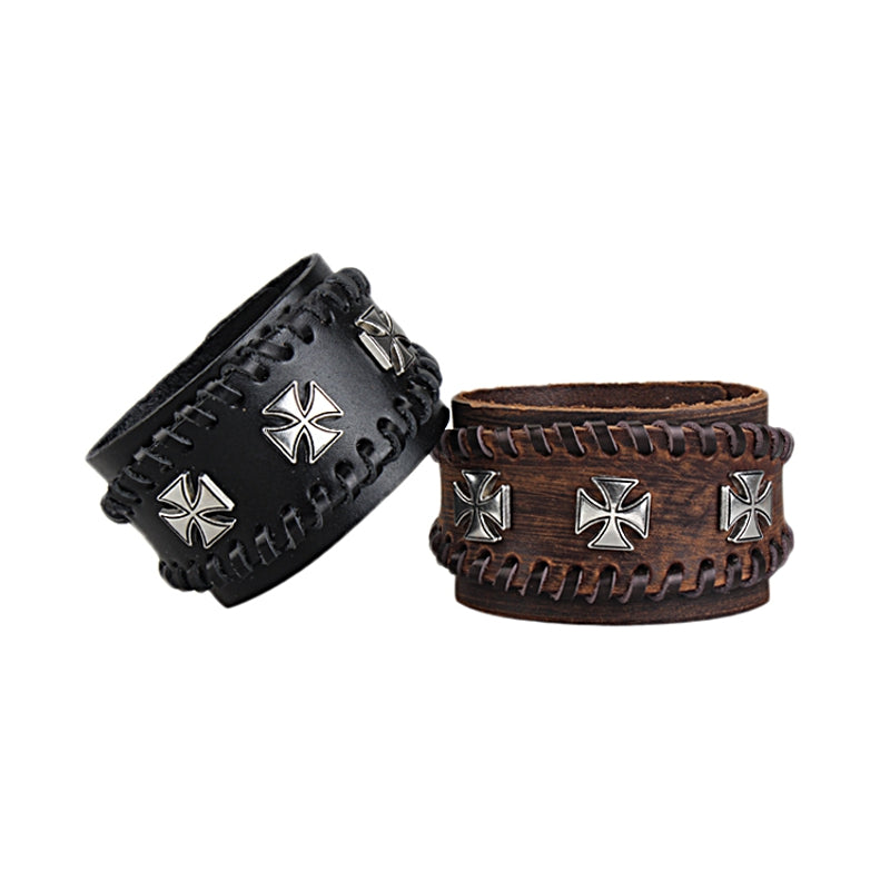 Punk Adjustable Zinc Alloy Cross Double Genuine Leather Bracelet for Men