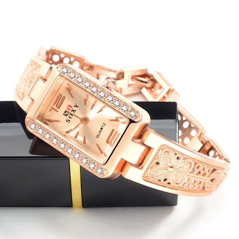 SOXY 0123 Rose Gold Case Rectangle Dial Design Ladies Bracelet Watch Fashion Style Quartz Watch