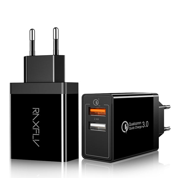 RAXFLY 30W QC3.0 Dual USB Charger Travel Wall Charger EU Plug For Oneplus 6T Xiaomi Mi8 Pocophone F1