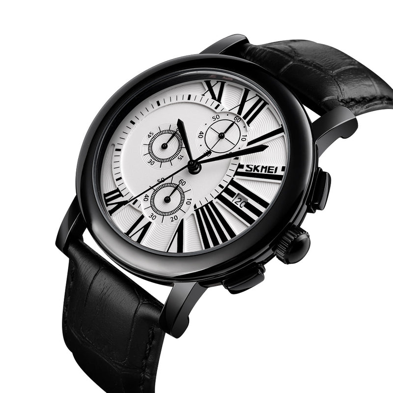 SKMEI 9196 Men Fashion Leather Strap Stopwatch Date Display Roman Numerals Sport Quartz Watch