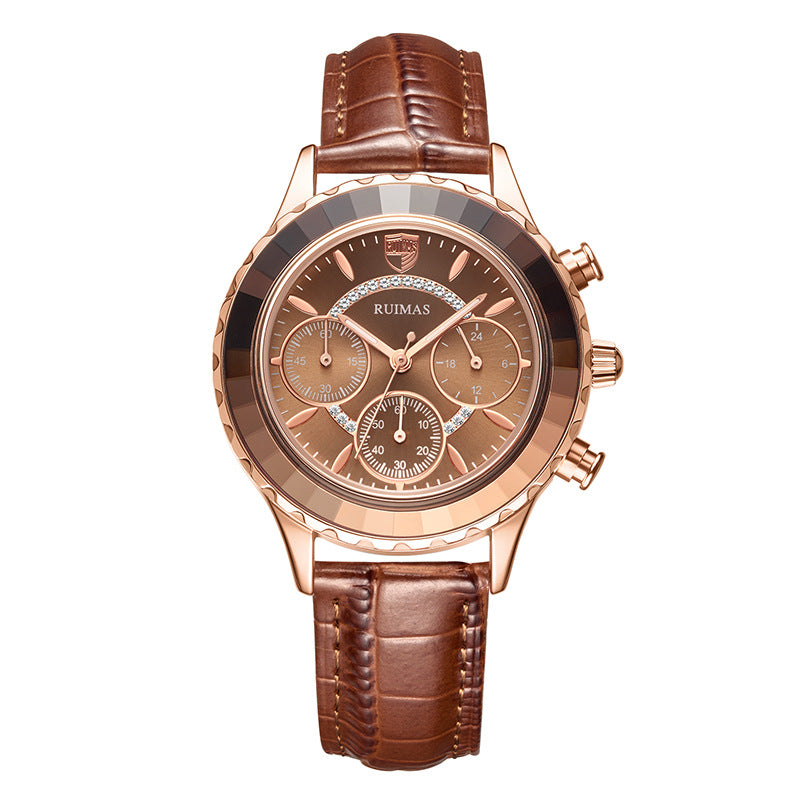 RUIMAS 592 Fashion Women Watch Waterproof Chronograph Leather Strap Light Luxury Quartz Watch