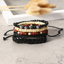 Vintage Leather Bracelet Weave Braided Multilayer Adjustable Wood Beaded Bracelet for Men