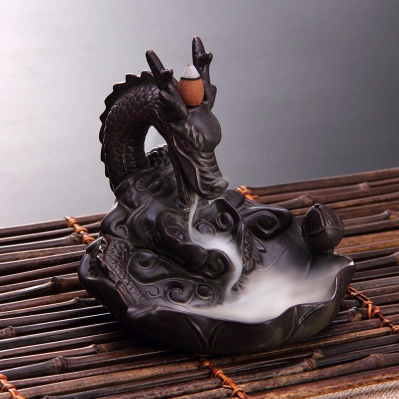 Ceramic Backflow Incense Cone Burner Stick Holder Dragon Lotus Pond Fragrance Fragrant Censer Decor