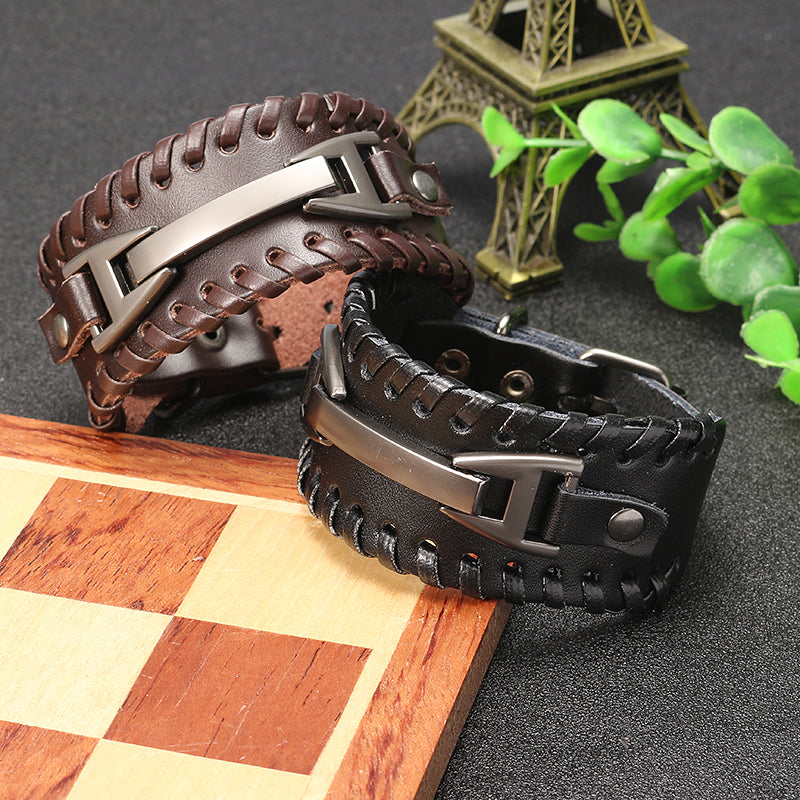 Punk Genuine Leather Bangle Chain Handmade Alloy Woven Wide Adjustable Men Bracelet