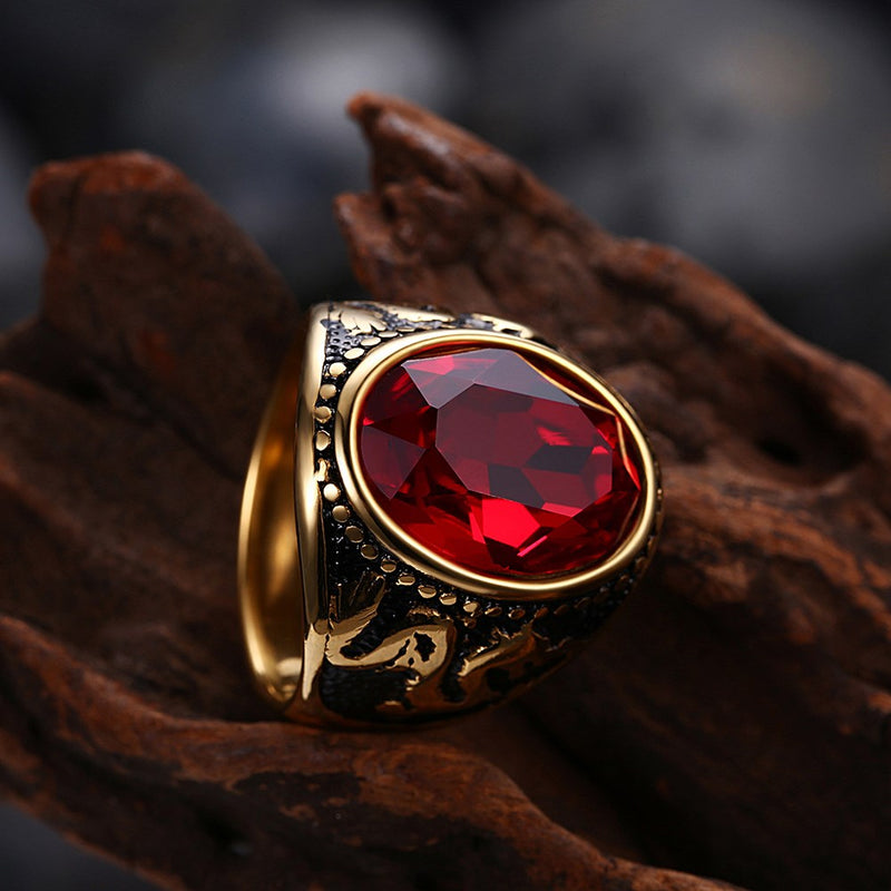 Trendy Red Glass Titanium Steel Ring Gold Plated Ball Ring for Men Women