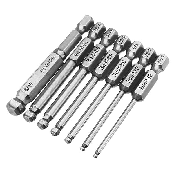 Broppe 7pcs SAE 5/64-5/16 Inch 65mm Magnetic Ball Screwdriver Bit 1/4 Inch Hex Shank