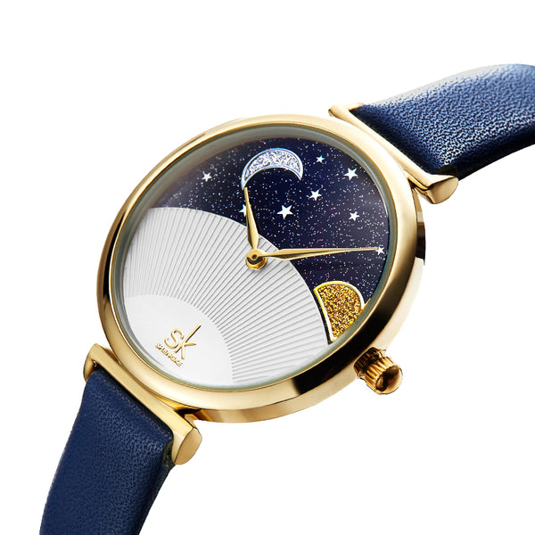 SHENGKE SK K0124 Starry Sky Good Night Stars Moon and Sun Patterns Fashion Women Leather Strap Quartz Watch