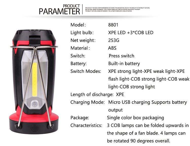 MX-8801 LED+COB 5Lights 8Modes USB Rechargeable Unfold Light Maintenance light LED Flashlight