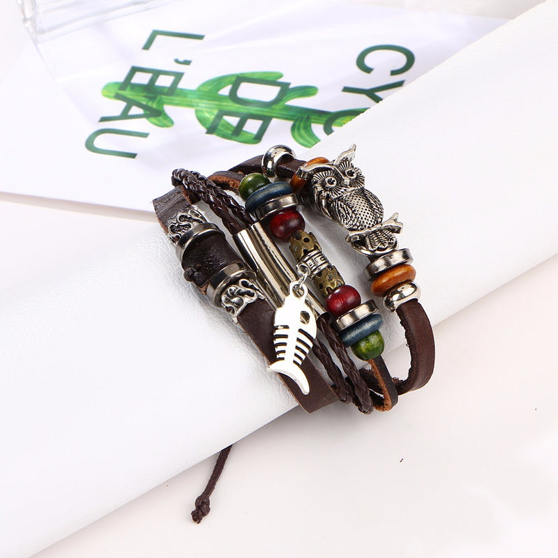Retro Owl Fish Multi Layer Bracelet Brown Leather Woven Bracelet For Men