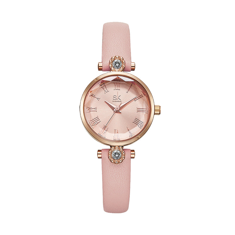 SHENGKE SK K9009 Crystal Roman Numerals Dial Leather Strap Ladies Dress Watch Women Quartz Watch