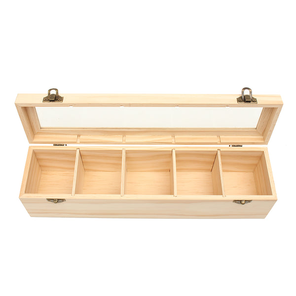 5 Compartments Plain Wooden Tea Box Bag Caddy Storage Display Container With Glass Lid