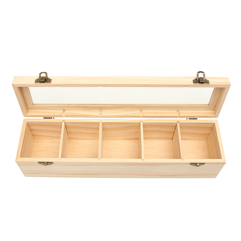 5 Compartments Plain Wooden Tea Box Bag Caddy Storage Display Container With Glass Lid